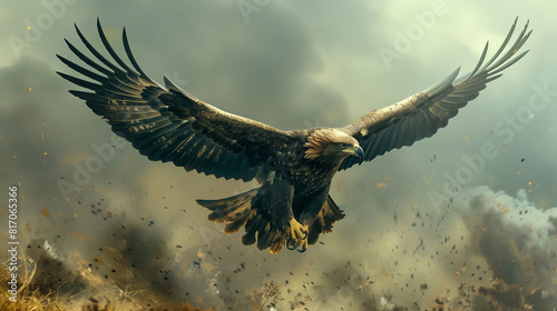 'Eagle flying over a battlefield, symbolizing victory and bravery in historical context' 