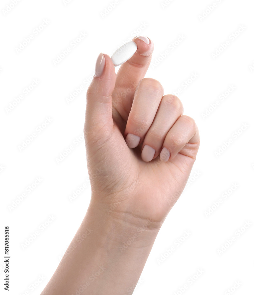 Woman holding vitamin pill on white background, closeup. Health supplement Woman holding vitamin pill on white background, closeup. Health supplement