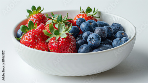  Fresh strawberries and blueberries in a white bowl on a white background  