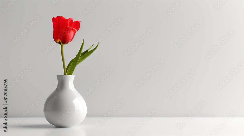 Minimalistic white ceramic vase with a single bright red tulip, isolated on white Minimalistic white ceramic vase with a single bright red tulip, isolated on white