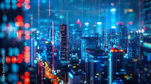 Futuristic City Skyline with Holographic Stock Market Data Overlay