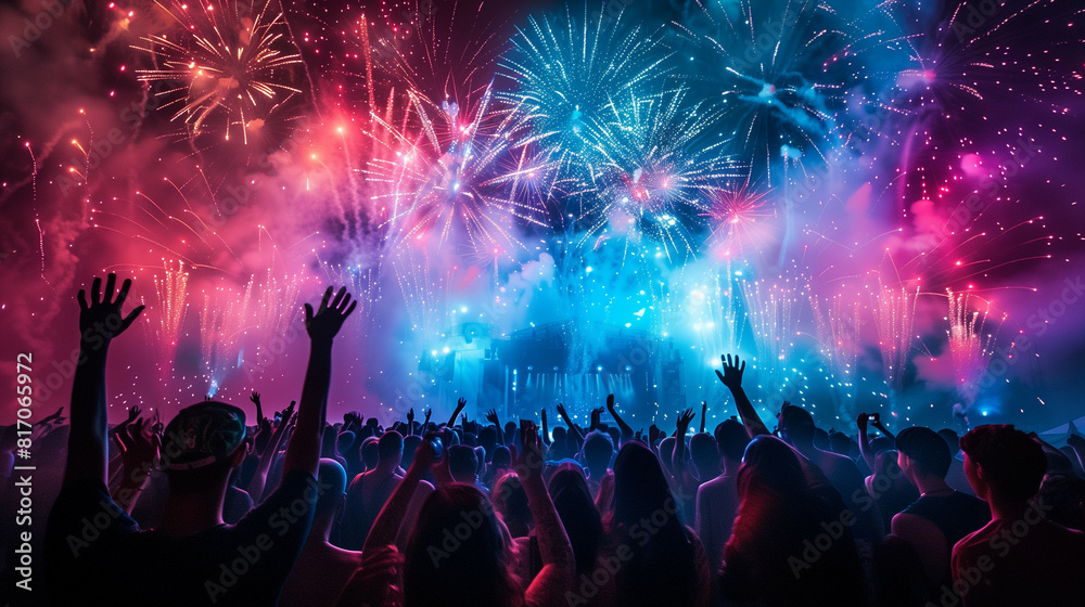 Silhouette of a crowd at a music festival with vibrant fireworks in the background, high energy 