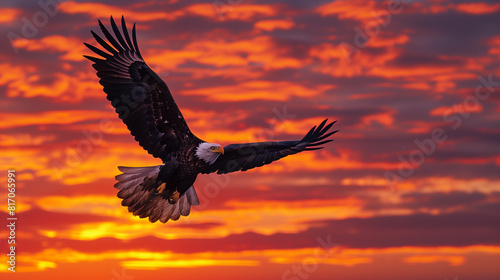'Silhouette of an eagle flying against a vibrant sunset, dramatic skies' 