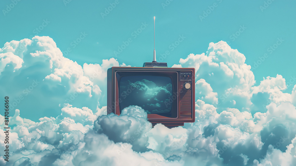 custom made wallpaper toronto digitalStylized image of an old television floating among clouds in a clear blue sky, minimalist