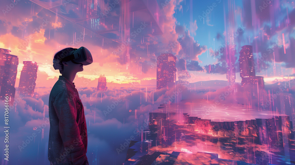 Surreal depiction of a person wearing VR goggles immersed in a digital landscape, wide angle 