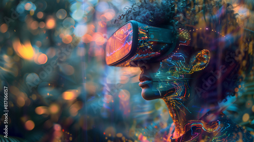 Surreal depiction of a person wearing VR goggles immersed in a digital landscape, wide angle 