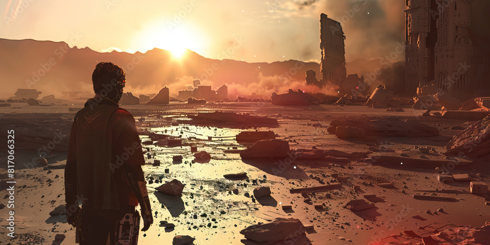 Fototapeta premium desolate future, an augmented wanderer navigates the decayed cityscape, their tech-infused vision offering a flicker of renewal amidst the devastation.