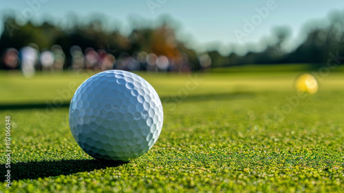 Close up shot of white golf ball on a green grass field, sport concept