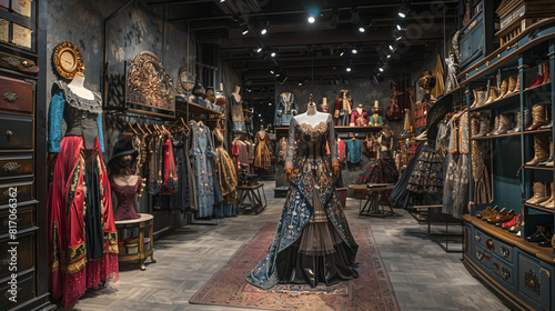 'Wide-angle shot of a bustling costume department with various outfits on display' 