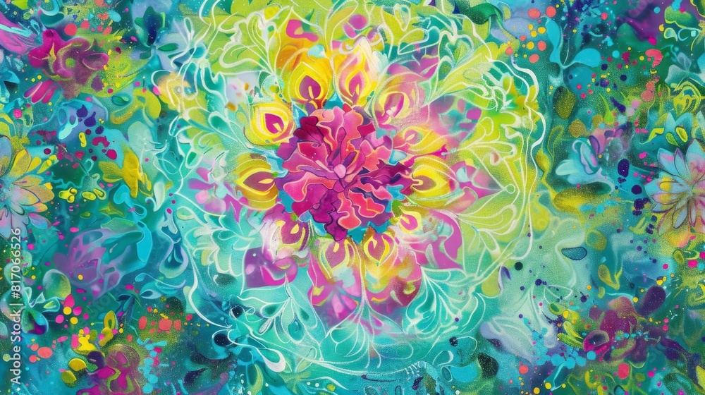 Dynamic floral burst: vibrant turquoise lime green fuchsia hues in kaleidoscopic pattern background Dynamic floral burst: vibrant turquoise lime green fuchsia hues in kaleidoscopic pattern background