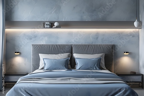 modern bedroom with shelf above the bed, grey and blue color theme, the bed has two pillows on it, small bedside lamps at the sides of the headboard