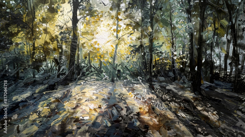 Fototapeta premium Dappled sunlight in an abstract forest background