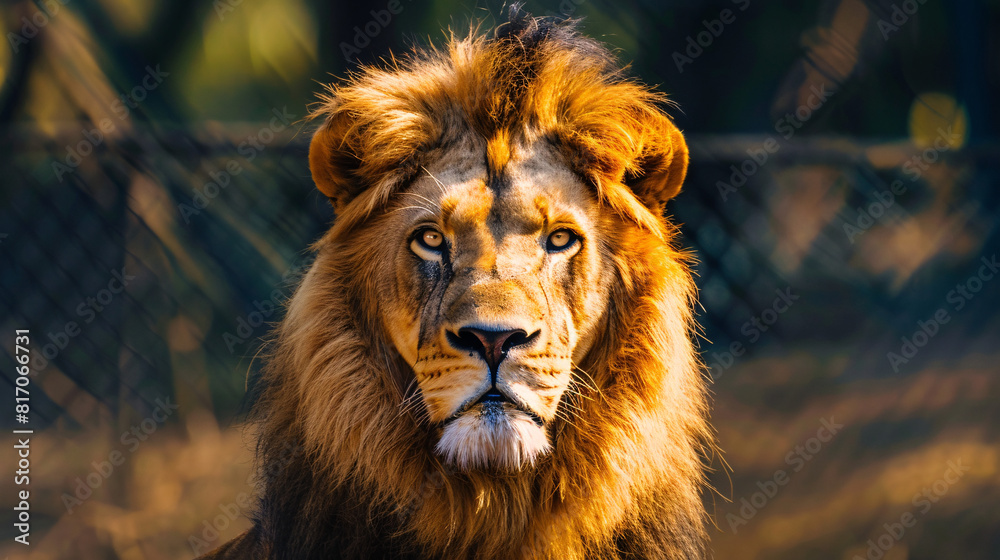Obraz premium Lion in sunlight. A majestic lion basking in the sunlight with a focused expression. AI generative.