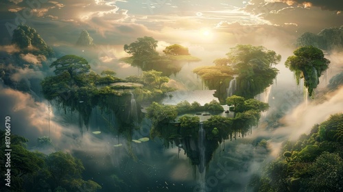 Dreamy islands with ethereal clouds background