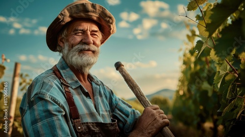 Mature farmer with a shovel posing on a grapevine field 