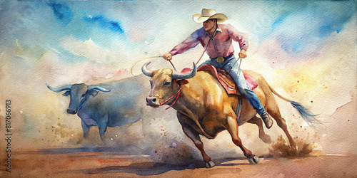 A striking watercolor illustration portrays the intensity of bull riding, with a courageous cowboy defying gravity atop a bucking bull in the heart of the rodeo arena.