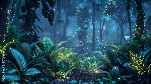 Bioluminescent tropical rainforest at night digitally interpreted background