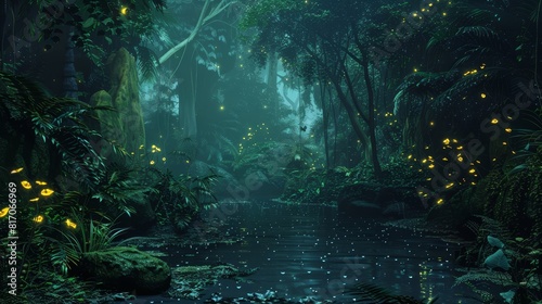 Digital rendition of a tropical rainforest at night with bioluminescent life background