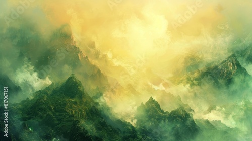 Golden haze envelops misty mountains in an ethereal landscape background