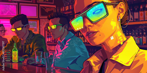 Cyberpunk inspired bar patrons and bartenders all wearing VR glasses virtual ag