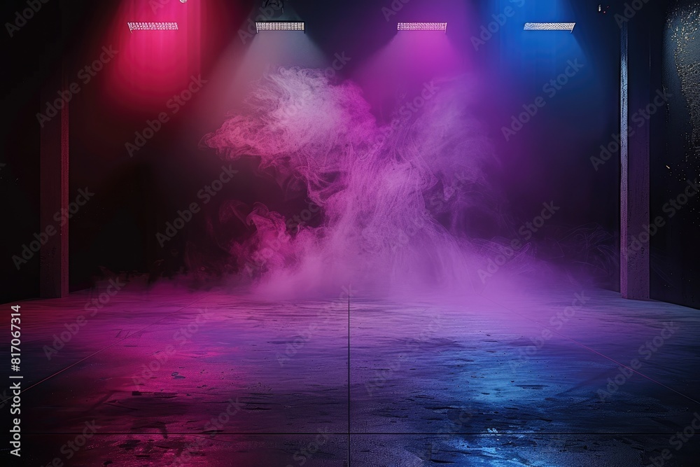 Dark Stage with Neon Lights, Spotlights, and Colorful Smoke, Studio Room Interior Texture for Product Display