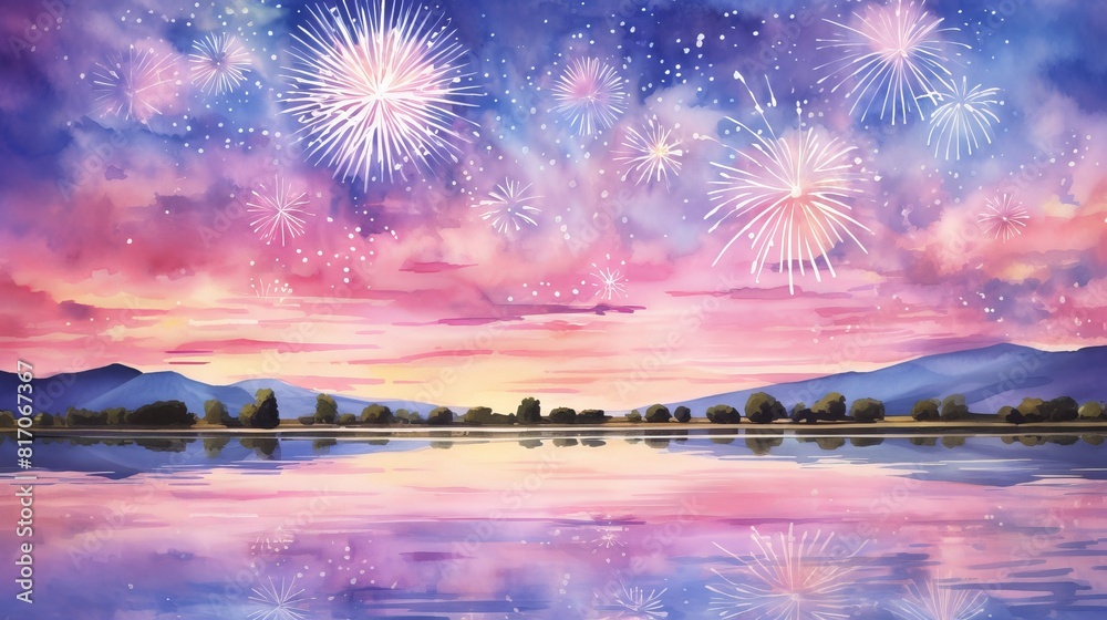 Vibrant watercolor painting of a Fourth of July fireworks display over a serene lake, reflections shimmering in the water, evening light Vibrant watercolor painting of a Fourth of July fireworks display over a serene lake, reflections shimmering in the water, evening light