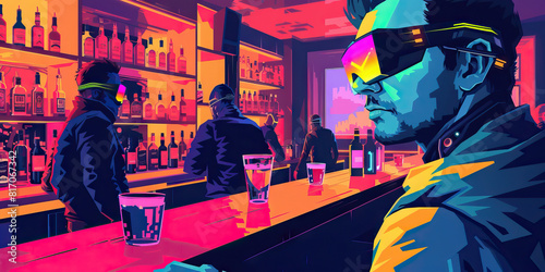 Cyberpunk inspired bar patrons and bartenders all wearing VR glasses virtual ag photo