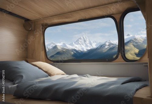 bedroom open render mountain window capped range back life 3d camper snow van view