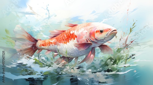 Artistic watercolor painting of a freshwater carp  showcased with subtle brush strokes and a serene aquatic background  ideal for art prints
