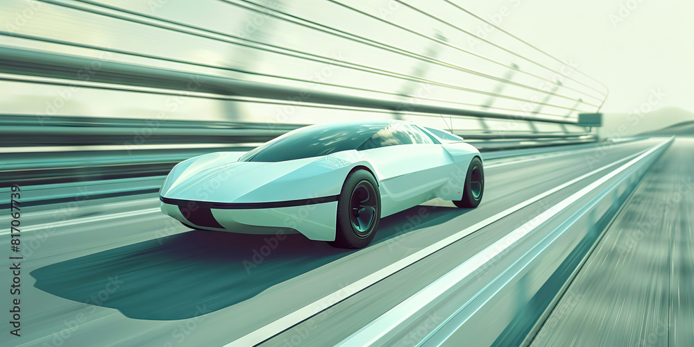 Obraz premium A futuristic car speeds down the highway, its sleek design blending seamlessly with the environment. 