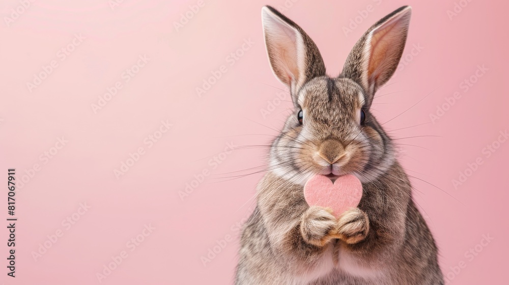 Fototapeta premium An Endearing Brown Rabbit Nibbling on a Soft Pink Heart, Set Against a Complementary Pink Backdrop. Funny animal for banner, flyer, poster, card with copy space