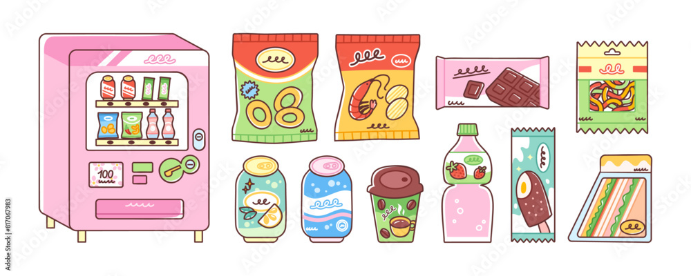 Vending machine and various snacks and drinks. Vector illustration of food sold in vending machines such as potato chips, onion rings, soda cans and sandwiches. Isolated on white background.