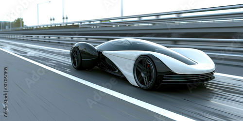 A futuristic car speeds down the highway  its sleek design blending seamlessly with the environment. 