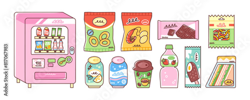 Vending machine and various snacks and drinks. Vector illustration of food sold in vending machines such as potato chips, onion rings, soda cans and sandwiches. Isolated on white background.