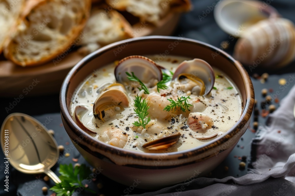 Rich and satisfying bowl of clam chowder filled with clams and fresh parsley Rich and satisfying bowl of clam chowder filled with clams and fresh parsley