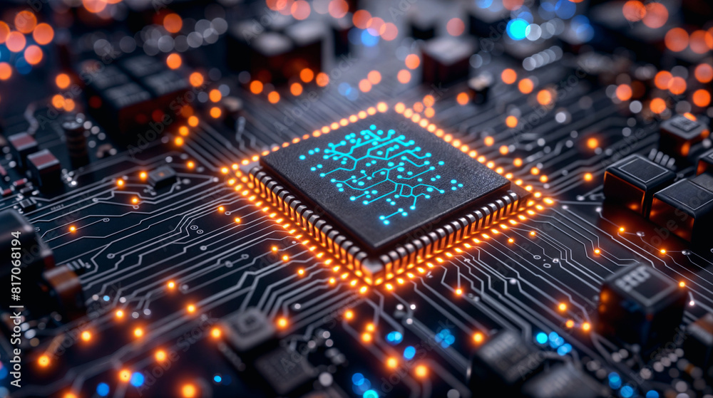 Extreme Close-Up of a Glowing Microchip on a Circuit Board, Representing High-End Technology and Data Processing Capabilities