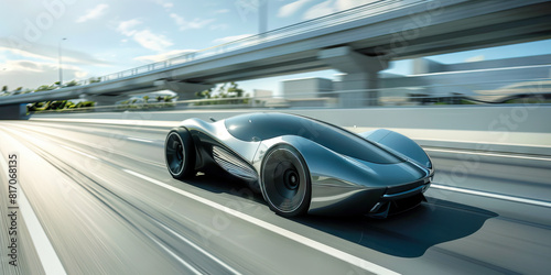 Accelerating into Tomorrow: A Sleek Futuristic Car Harmonizes with Its Surroundings on the Bustling Highway