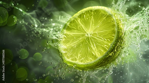 Lime wedge with water splash on green background.