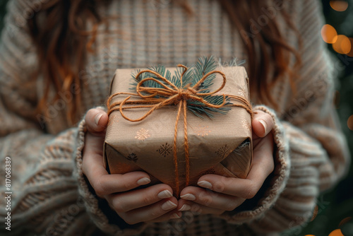 Caja de regalo envuelta en papel marrón con una rama de un abeto de decoración, recurso gráfico