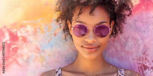 Abstract portrait of woman in purple sunglasses against vibrant summer background. Concept Portrait Photography  Abstract Composition  Woman Model  Vibrant Background  Summer Vibe