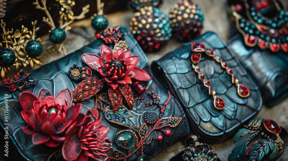 A variety of handbags and jewelry items displayed neatly on a table.