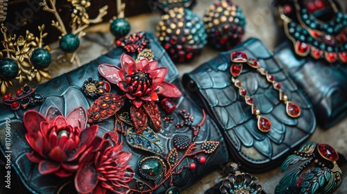 A variety of handbags and jewelry items displayed neatly on a table.