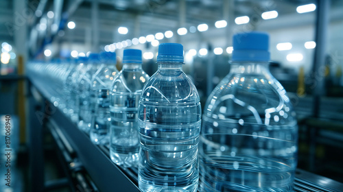 Rows of Transparent Water Bottles with Blue Caps on a Conveyor Belt in a Modern, Well-Lit Water Bottling Plant