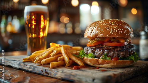 Macro shot of a beer and a burger with homemade french fries on a wood counter in a pub , food photography.