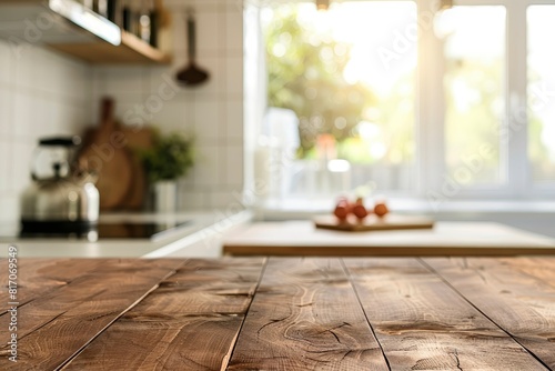 beautiful brown wood table top kitchen interior background and blurred defocused with daylight flare bokeh  product montage display - Generative Ai