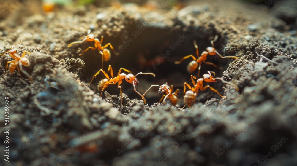 Ants constructing an anthill in a garden, with visible tunnels and busy workers moving soil. Ants constructing an anthill in a garden, with visible tunnels and busy workers moving soil.