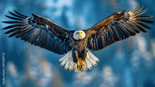 flying bald eagle with arm spread, blurred background