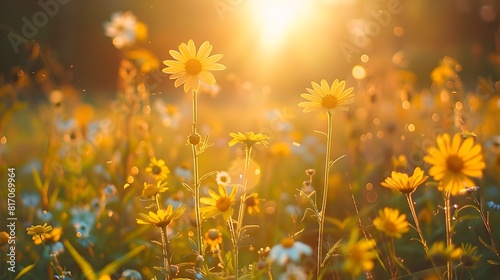 Glowing Field of Radiant Wildflowers Bathed in Golden Sunrise Light