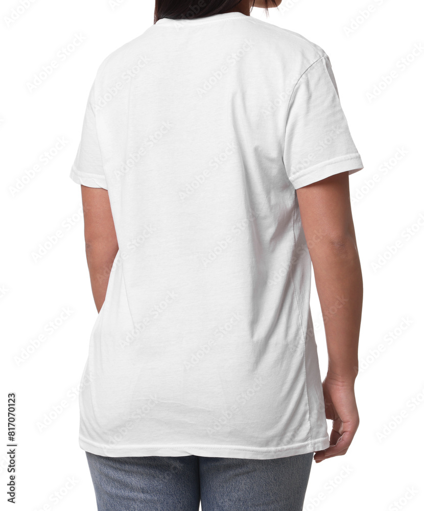 Woman wearing stylish t-shirt on white background, closeup Woman wearing stylish t-shirt on white background, closeup