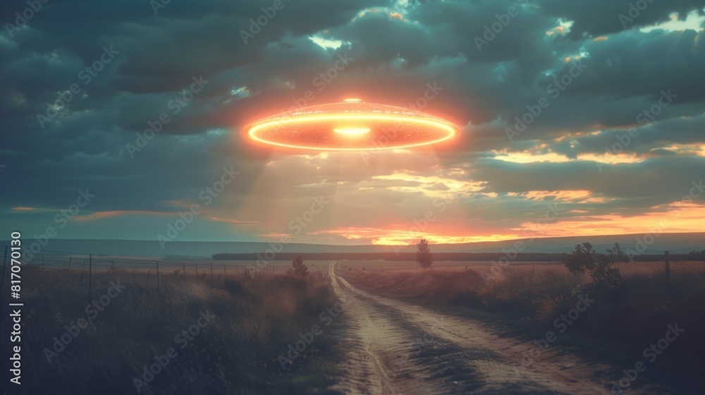 UFO hovering over rural dirt road